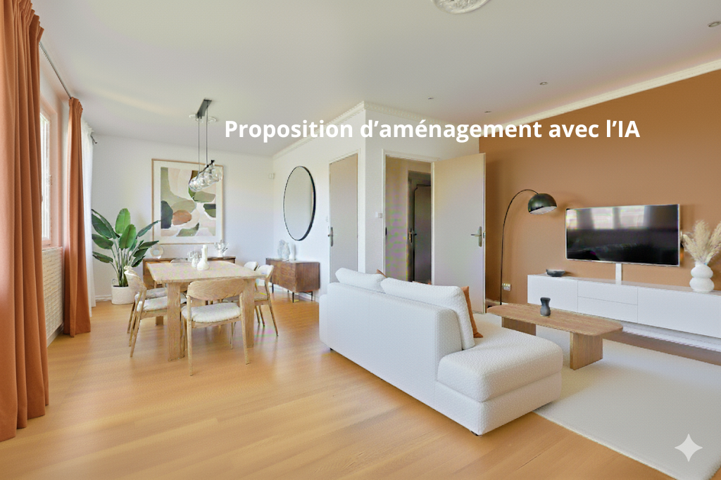 proposition d'aménagement du salon salle à manger avec l'IA